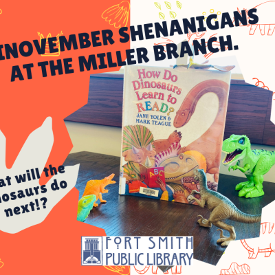Dinovember at the Miller Branch. Dinosaurs reading in the library.