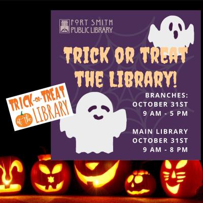 library trick or treat info with ghosts and jack-o-lanterns