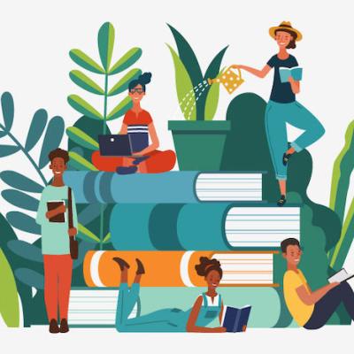 pile of books with plants growing out of it with adults reading and enjoying books