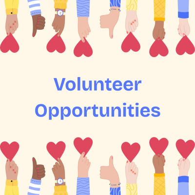 beige background with volunteer opportunities blue text with hands of varying skin tones holding hearts