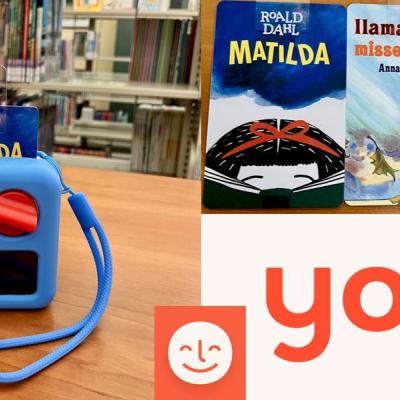 yoto mini player and 3 yoto book cards with yoto logo