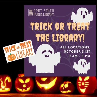 ghosts on purple background with trick or treat information for the library