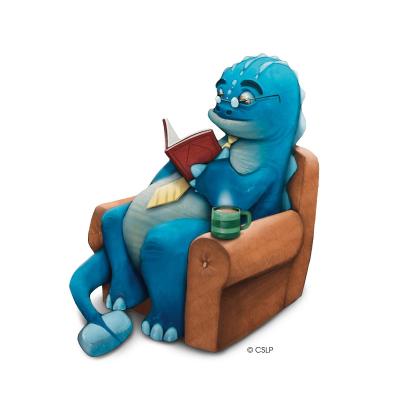 dinosaur reading a book in an armchair