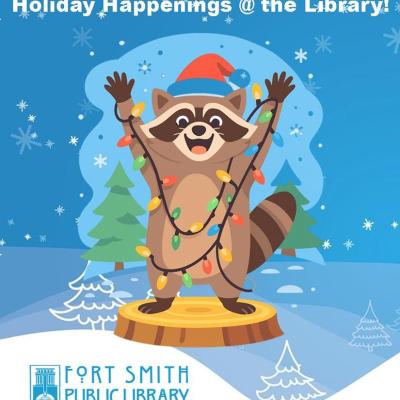 colorful drawing of a racoon standing on a stump with a string of Christmas lights