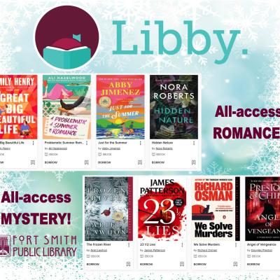 The Libby app logo, 4 romance books, and 4 mystery books on a background of snowflakes