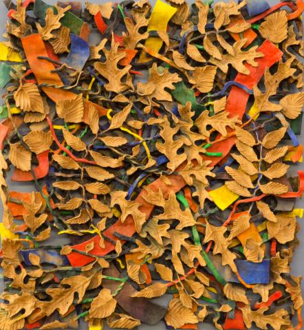 Ronsenthal's piece with various strips of color amid fallen leaves