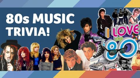 80s music trivia with pictures of 80s musicians all over. 80s spelled out in white and 80s in multicolor. 