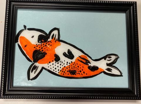koi fish painted on glass of picture frame