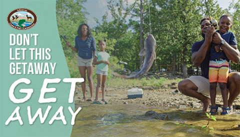 Family fishing with Arkansas Game and Fish logo