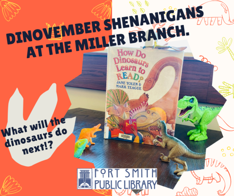 Dinovember at the Miller Branch. Dinosaurs reading in the library.