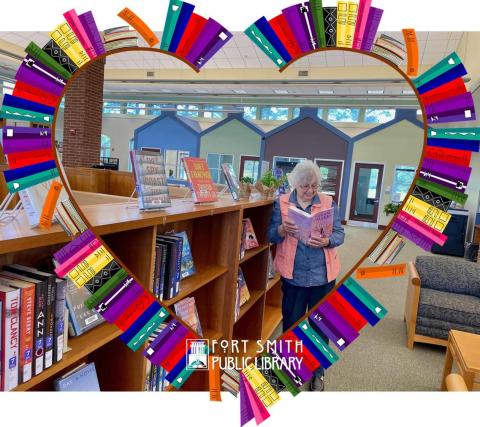 Mom reading book at library with a heart-shaped frame of books around her
