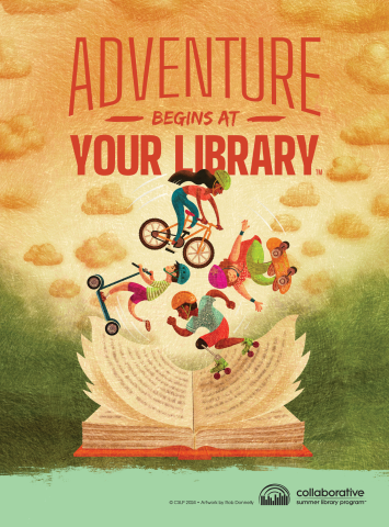 Adventure Begins at Your library poster with skaters and cyclists on a book
