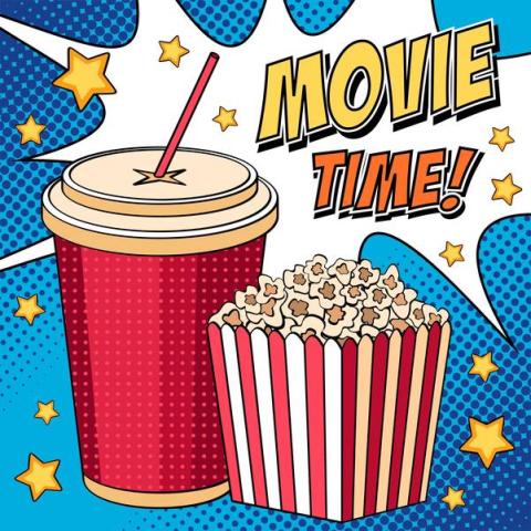 image of red cup with straw and red and white striped bucket of popcorn with movie time!