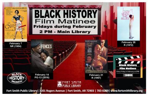 black history month film festival poster featuring 4 films for Black History Month