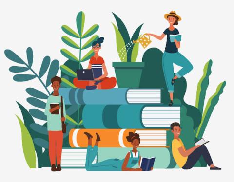 pile of books with plants growing out of it with adults reading and enjoying books