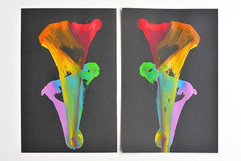 Two images of multicolor string pulled paint art. 