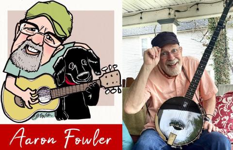 photo of musician Aaron Fowler with his banjo, and caricature of him and his black dog 
