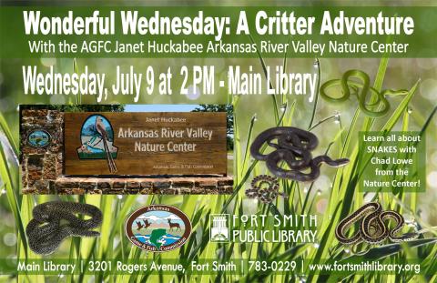 Photo of various snakes in the grass and Nature Center Sign for the Wonder Wednesday Critter Adventure