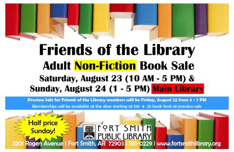 Border of colorful books and information about dates and times for Non-fiction book sale