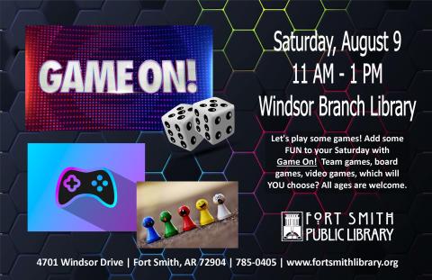 poster for "Game On" program featuring game controller, dice, and game pieces