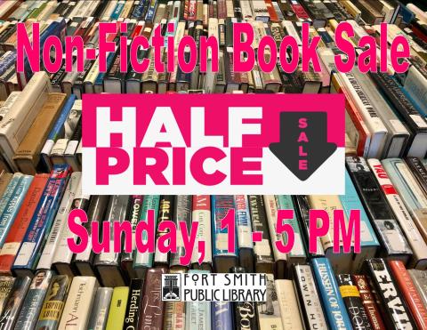 sign that says non-fiction book Sale half-price with books in the background