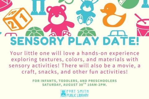 poster with teddy bear, duckie, bunny, and number block with information about the sensory play date program