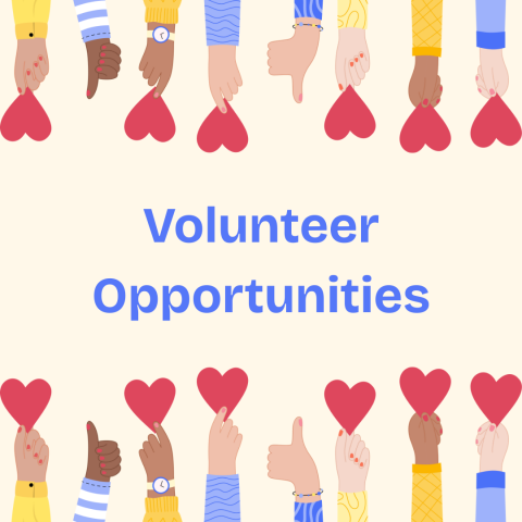 beige background with volunteer opportunities blue text with hands of varying skin tones holding hearts