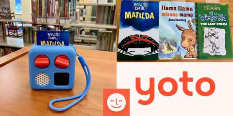 yoto mini player and 3 yoto book cards with yoto logo