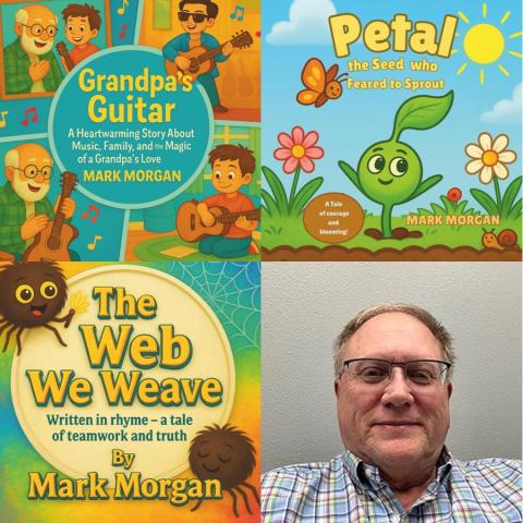 photo of author Mark Morgan and 3 of his picture books 
