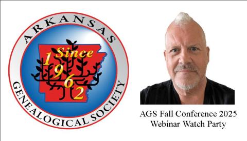 Arkansas Genealogical Society emblem and key note speaker Thomas MacEntee