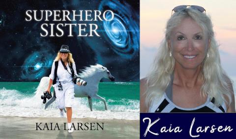 book cover of white stallion on the beach in front of galaxies in a dark sky, and photo of author Kaia Larsen