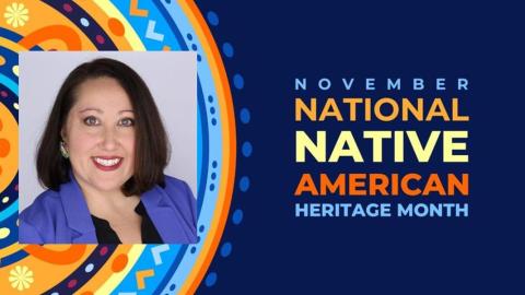 photo of Dr. Kendra Abel on blue colorful background for Native American Heritage Month