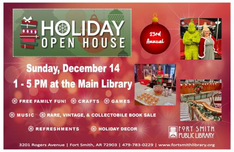 information about this year's holiday open house with a Christmas Background and photo of the grinch and Cindy Lou Who