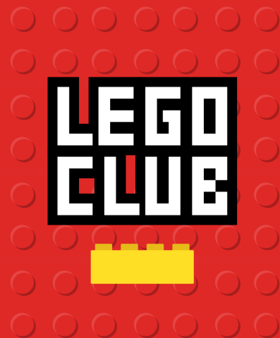 red background with the lego club logo and a yellow lego peice