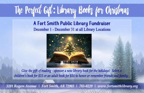 photo of a Christmas tree coming out of a book and a back ground of a snow countryside with perfect gift program information