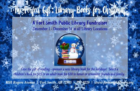 Snowman with a stack of books inside a snow globe with information about this year's perfect gift fundraiser