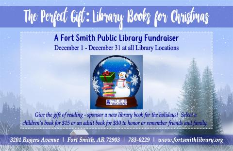 Snowman with a stack of books inside a snow globe with information about this year's perfect gift fundraiser