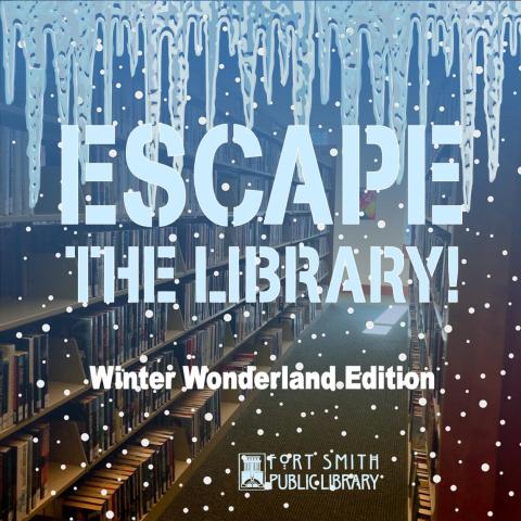photo of library book stacks with ice and snow and "escape the library - winter wonderland edition"