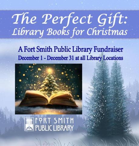 photo of a Christmas tree coming out of a book and a back ground of a snow countryside with perfect gift program information