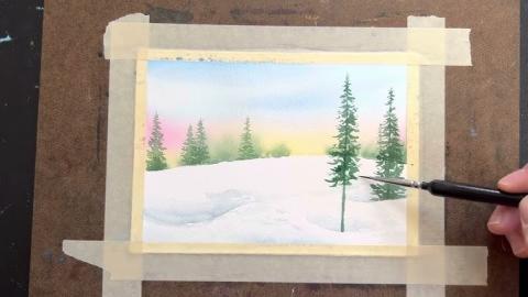 evergreen trees on snowy landscape painting