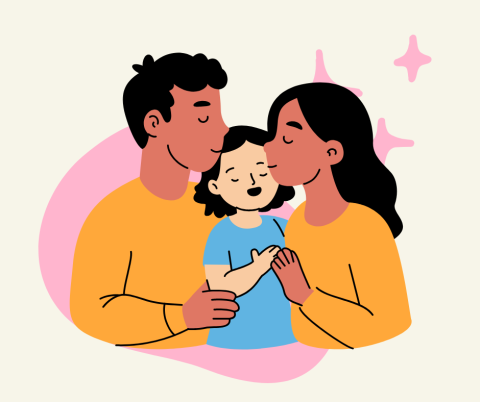 two parents kissing their child