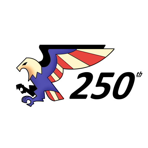 red white and blue eagle with 250th after it