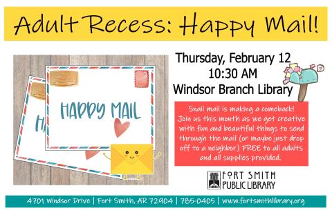 two pieces of mail with "Happy Mail" marked on them and a mailbox plus the information for the Happy Mail program.