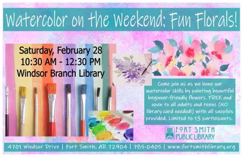 paintbrushes, watercolor paints, and flower images with info for watercolor class