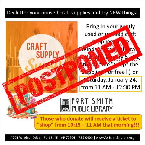 craft swap poster with the word postponed over it