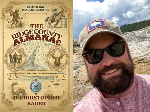 Book cover for "The Ridge County Almanac" and photo of author D. Christopher Bader