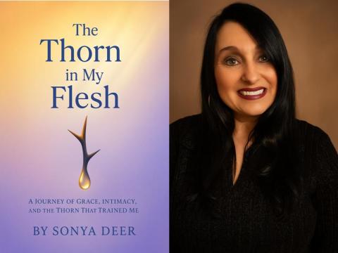 yellow and purple book cover of The Thorn in My Flesh and a photo of author Sonya Deer 