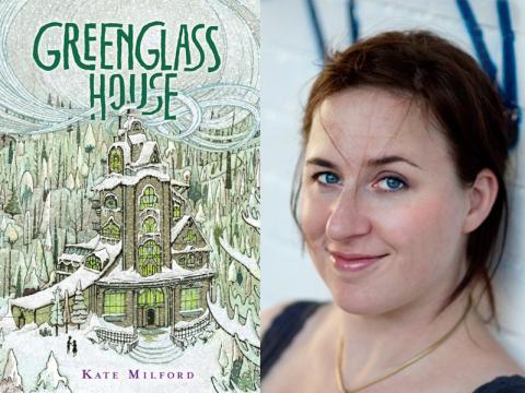 Photo of author Kate Milford with the cover of her award-winning book, Greenglass House