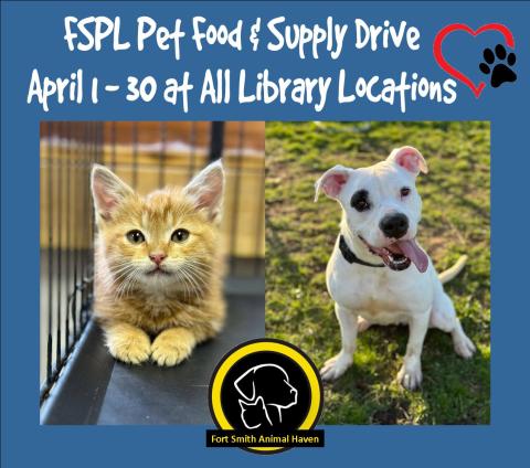 photo of a small kitten and white and black dog with information about the pet food and supply drive