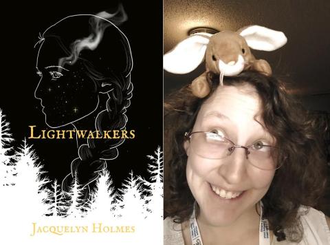 book jacket for "Lightwalkers" featuring a girl with a braid and pine trees, and a photograph of author Jacquelyn Holmes with a stuffed bunny on her head